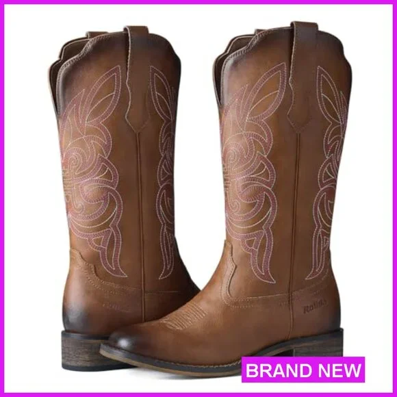 Vintage Western Cowgirl Boots Square Toe Mid Calf Chunky Heel Fashion - Picture 5 of 6